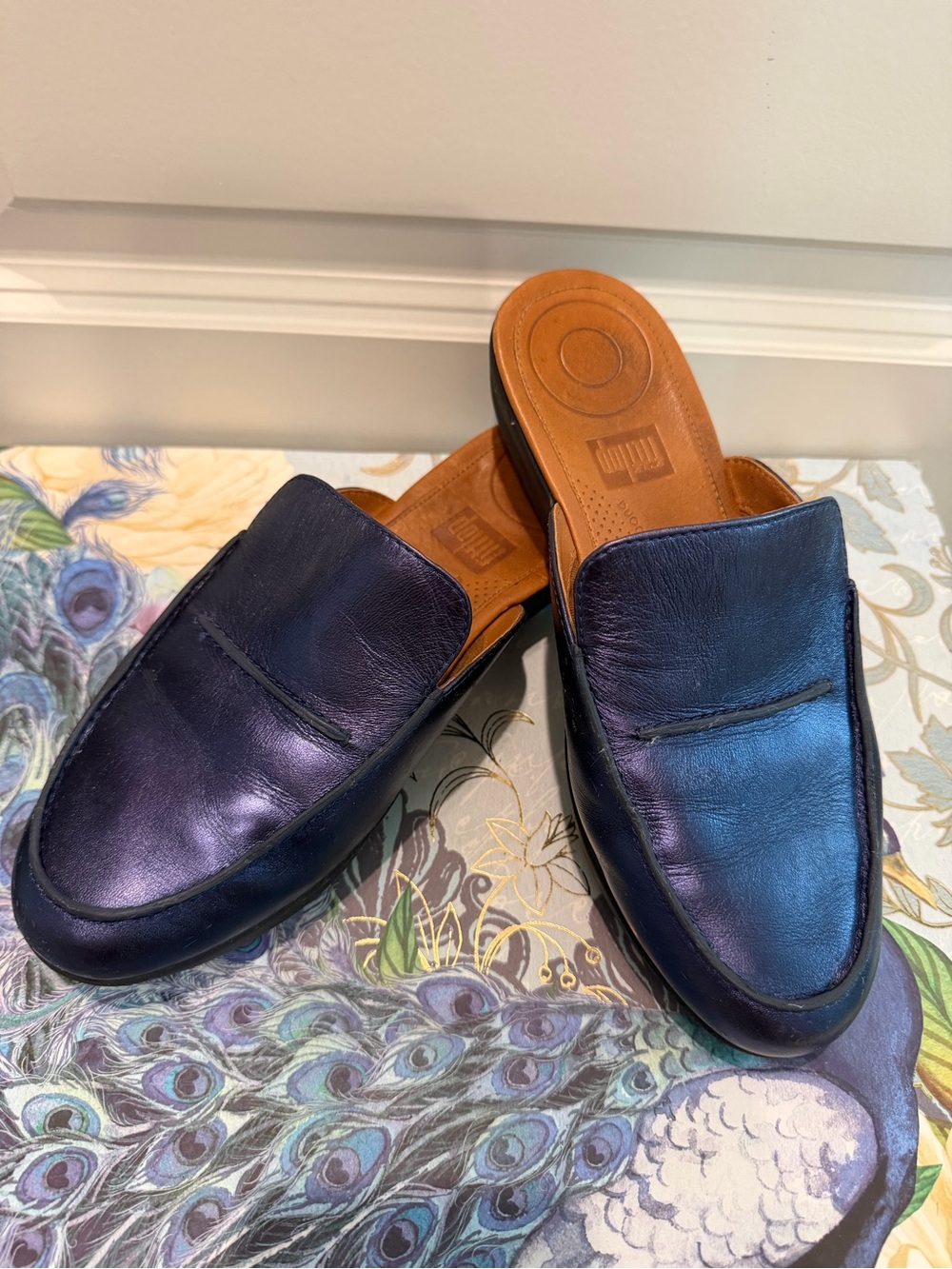 FitFlop Metallic Blue/Purple Leather Loafer Mule Slides Comfort Shoes Size 6